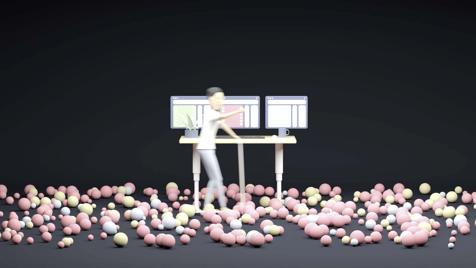 A co-worker enters the workspace represented by a height-adjustable desktop. The co-worker uses an e-scooter. In the room, there are numerous rolling balls representing itesign-developed apps.